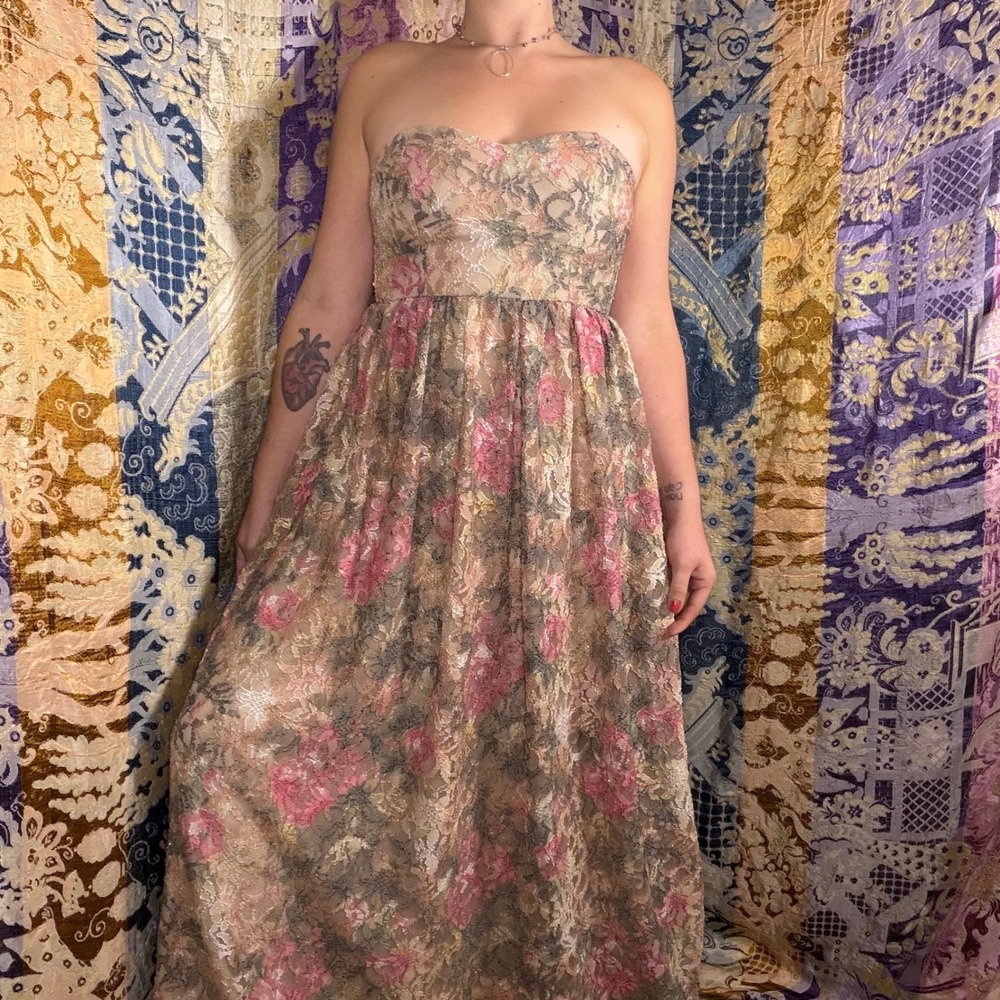 Lace Ethereal Floral Earthy Fairycore Strapless Babydoll Maxi Dress Size S